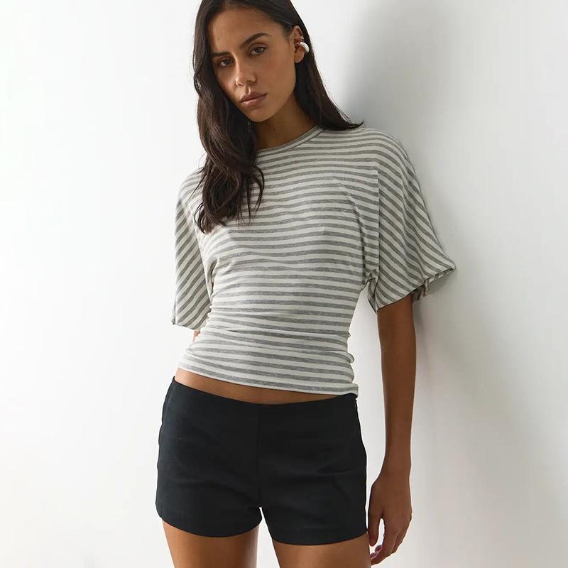 Q25TP400 Women's Slim-Fit Autumn Striped Round Neck Short Sleeve Top