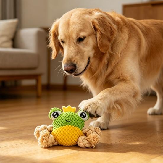 Plush Frog Dog Toy Interactive Tug-of-War Toy Squeaky Stuffed Frog with Rope Knots Chew Toy for Dogs Puppy Teething