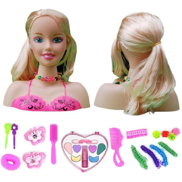 Makeup Pretend Playset for Girls - 17Pcs Hairdressing Styling Head Doll Makeup Toy Educational Toy Gift -B