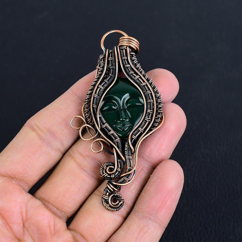 Lady Face Green Onyx Pendant Handmade Gemstone Jewelry, 999 Copper Wire Wrapped Pendant Unique Design Jewelry