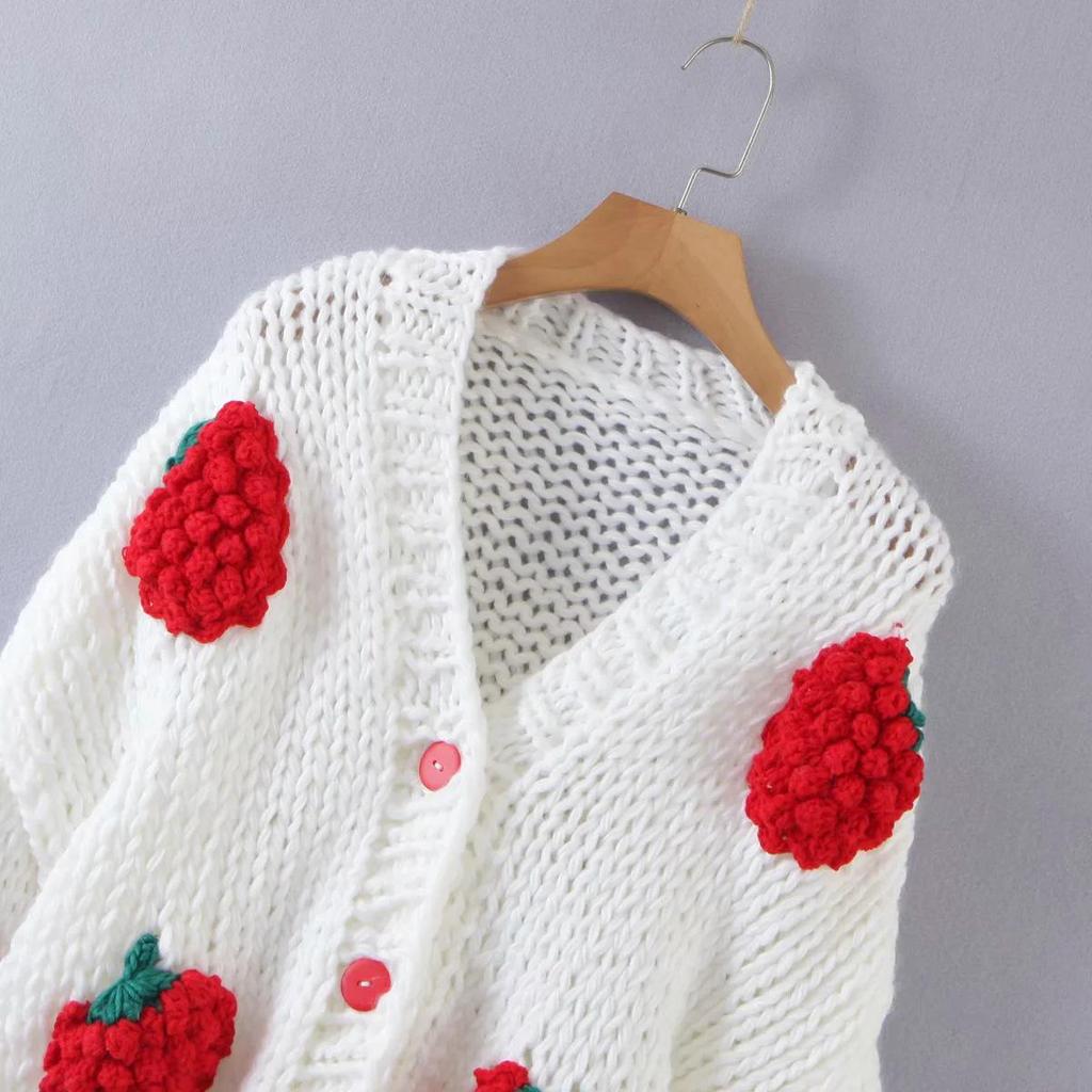 European & American New Strawberry Knitted Cardigan: Women's V-Neck Loose Lantern Sleeve Sweater