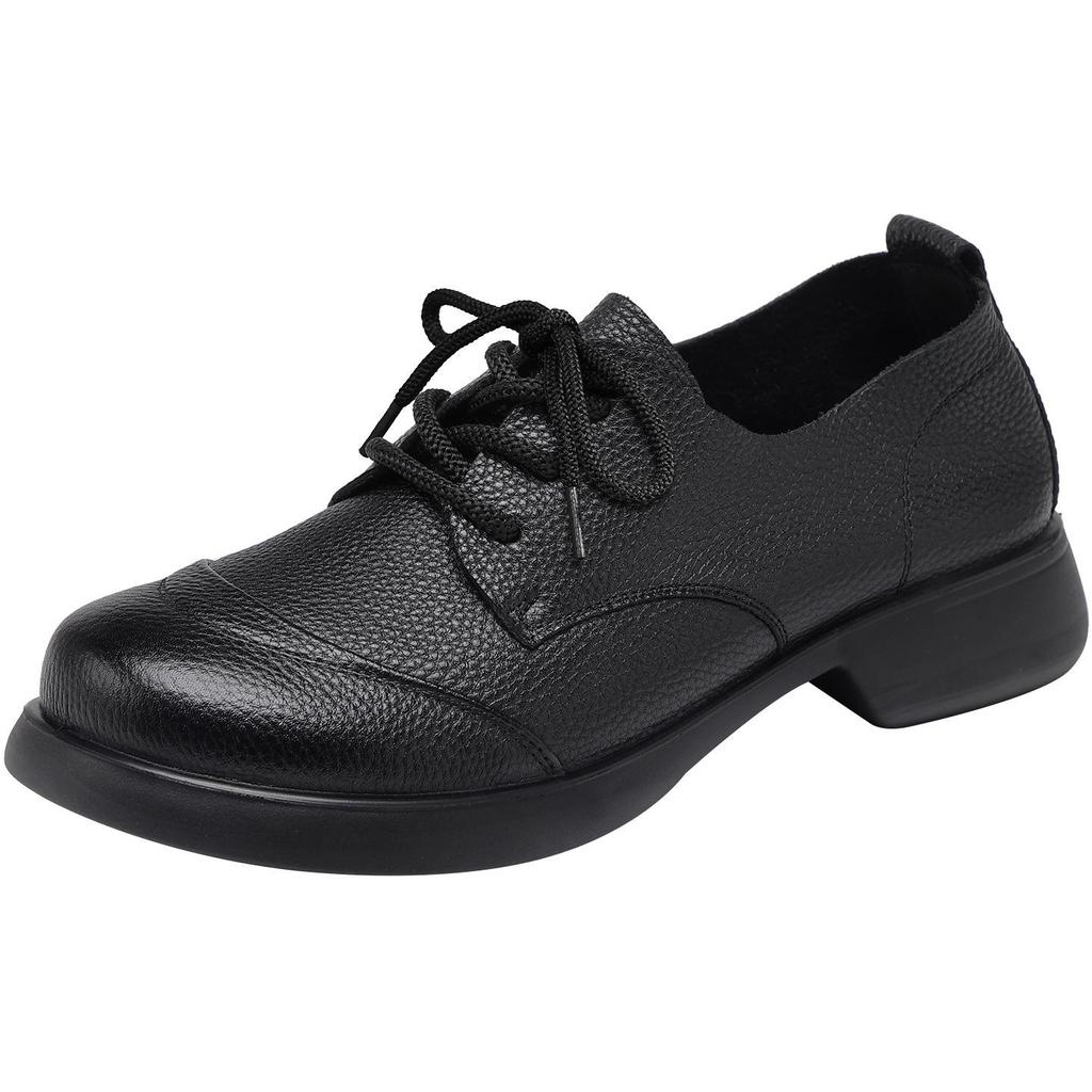 Women's Soft Sole Leather Chunky Heel Round Toe Lace-Up Shoes - Comfortable Plus Size for Autumn