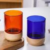 New 280ml High Borosilicate Glass Coffee Cup with Creative Anti-Scalding Wood Base Nordic Amber Blue Beer Vodka Cups Drinkware