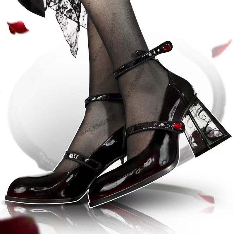 Fashion Vintage Mary Jane Pumps with Rose Thick Heels for Women European and American Style High Heels Lolita Jk Shoes Wine Red Rose