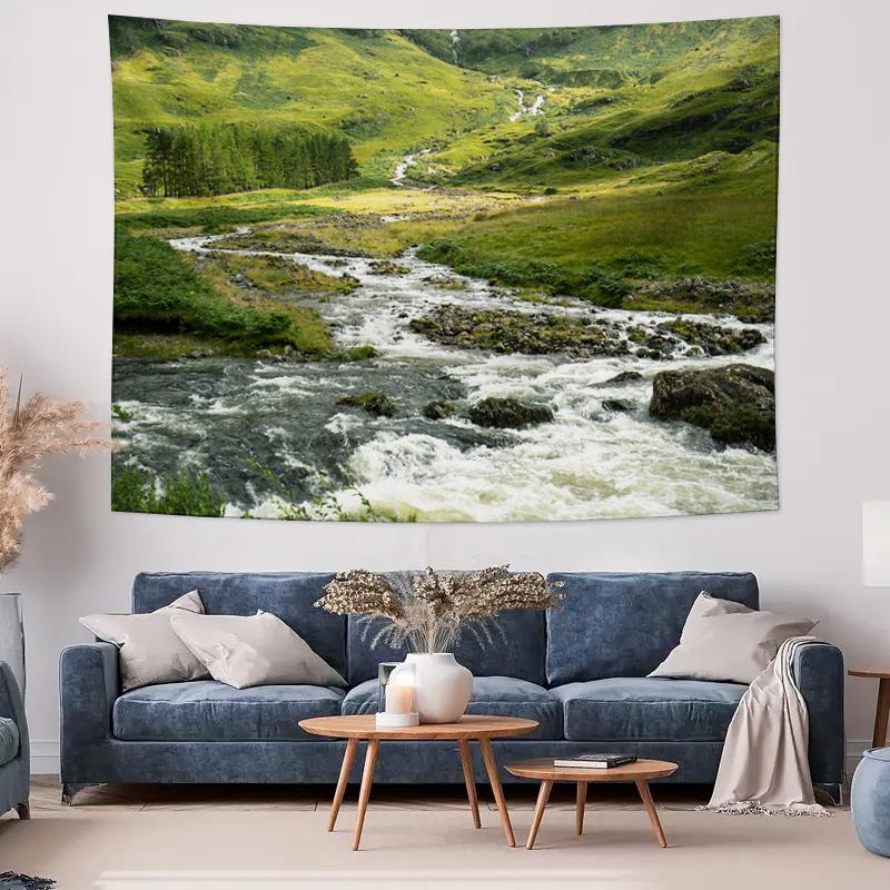 Riverside Valley Landscape Tapestry  Natural Beauty for Cozy Bedroom Background Wall Decoration