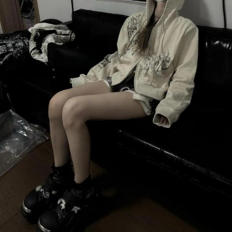 2KWEIRD Podzimní Y2k Estetické Zkrácené Mikiny Dámské Ležérní Potisk Dvojité Zipy Harajuku Punk Mikina Gotické Vílí Grunge Bundy