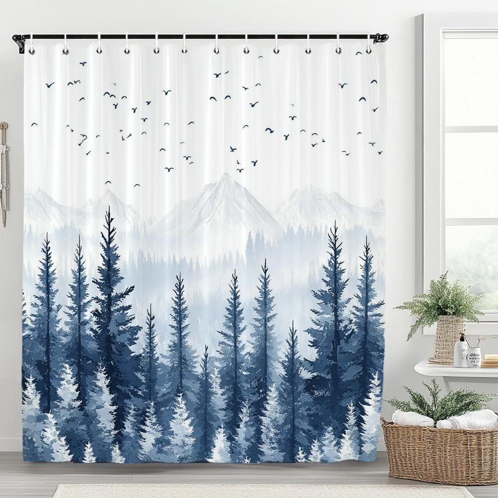 Misty Mountain Shower Curtain: Embrace the Serene Design, Soft Fabric, Natural Landscape Bathroom Decorative Curtain With Hooks