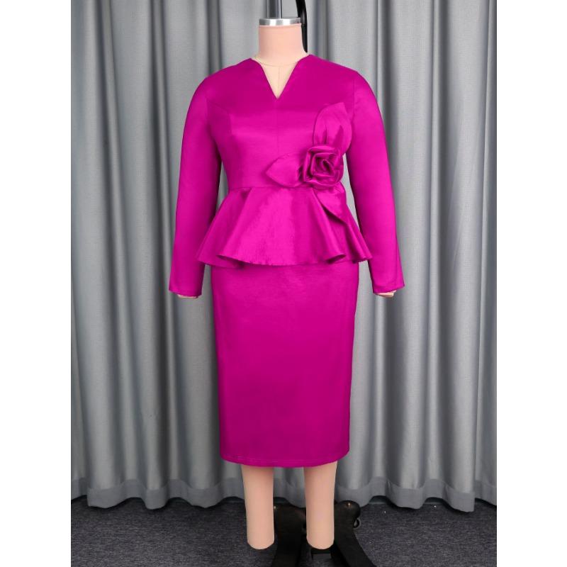 Plus Size Women Long Sleeve V Neck Bodycon Dress For Banquet Commute
