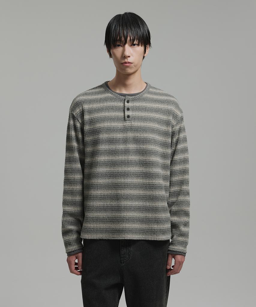 NONBLANK Waffle Henley Neck Ls T-Shirt_Grey Stripe