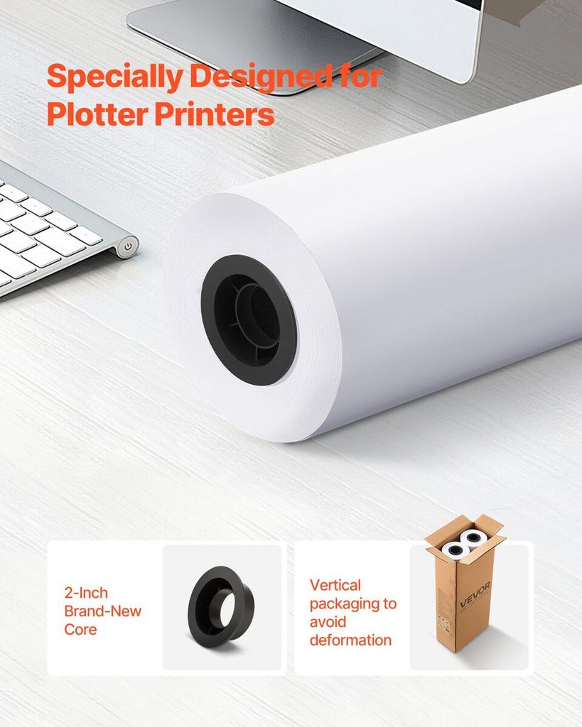 Wide Format Paper, 609.6 mm x 91.4 m Plotter Roll, 2 Rolls CAD Bond Rolls with 50.8 mm Core, 80 GSM Plotter Roll Rolls, for CAD Drawings, Engineering