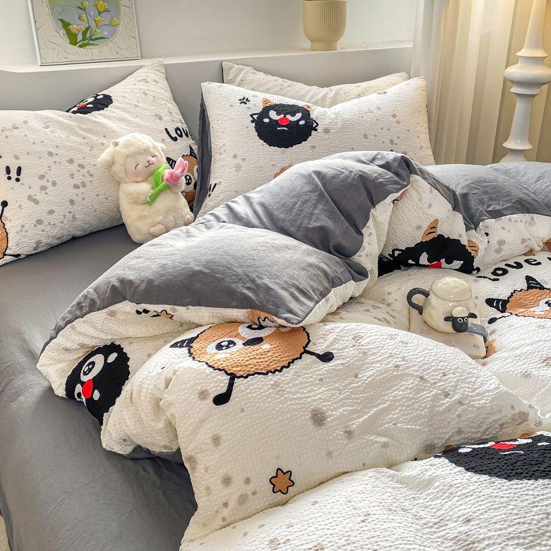 Nordická jednoduchá pruhovaná malá černá kočka praná bavlna čtyřdílná sada kreslený povlak na přikrývku prostěradlo studentská kolej třídílná sada