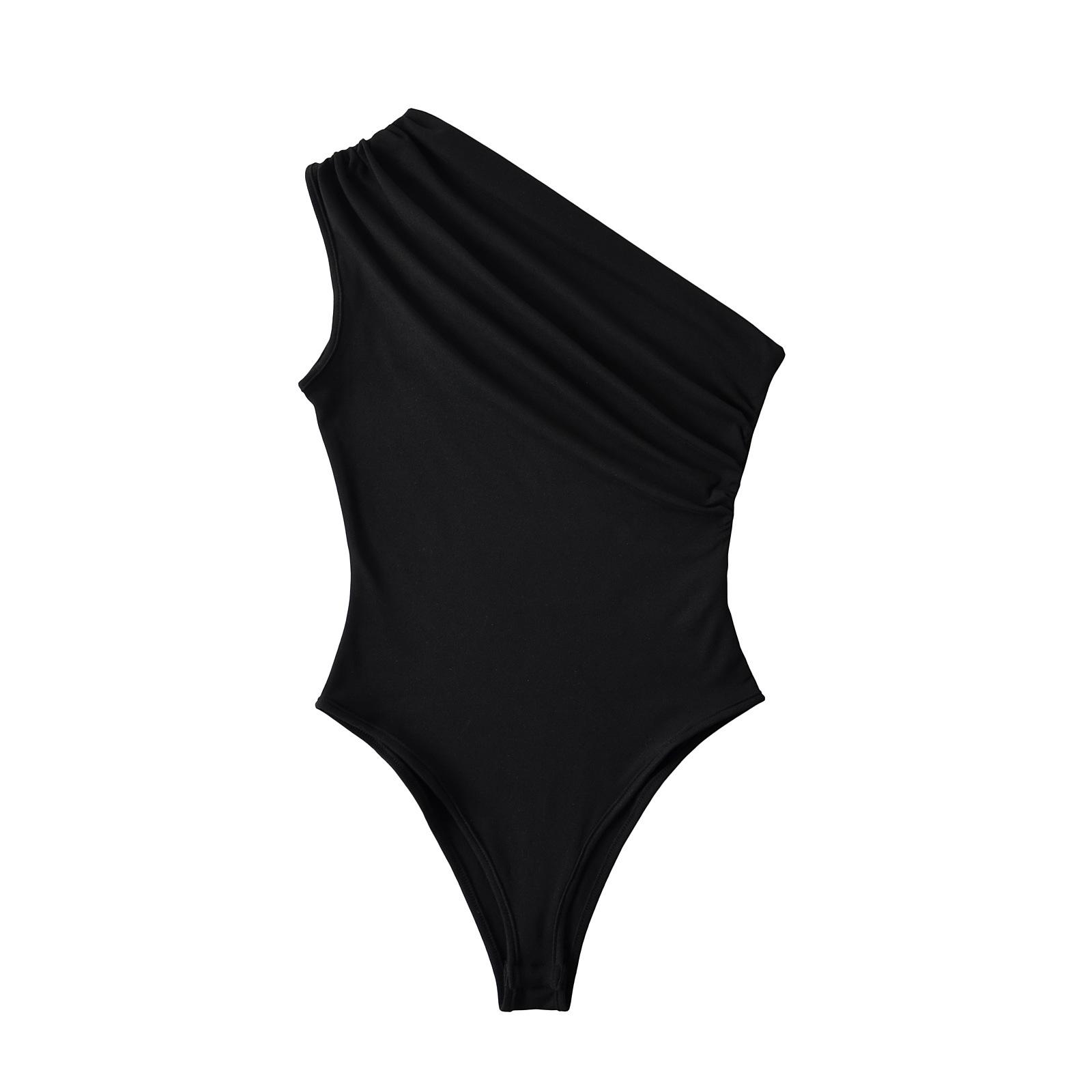 

2025 Европейский и американский боди с одним плечом и драпировкой: Сексуальный летний топ облегающего кроя Large чёрный