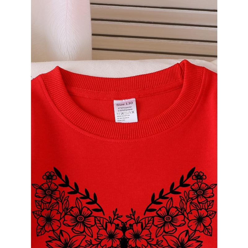 European sizes Girls Crew Neck Sweatshirt Floral Butterfly Pattern Design, Soft Cozy Pullover, Warm Casual for Autumn Winter.