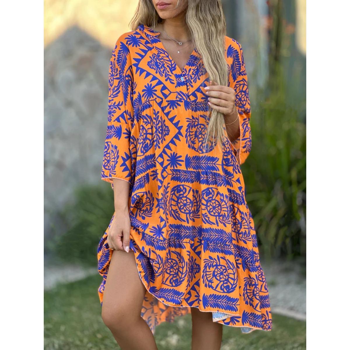 Women s V-neck Casual Fashion Print Patchwork Dress European American Style S оранжевый