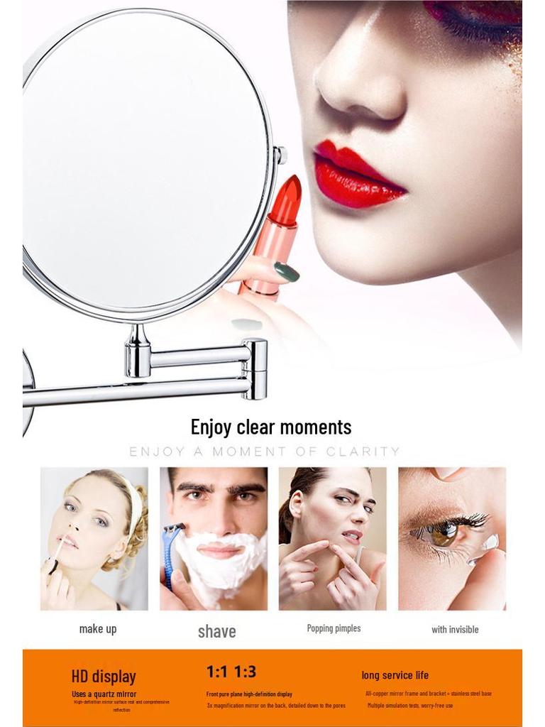Dual-Sided Retractable Wall-Mounted Makeup Mirror - Self-Adhesive, No Drilling Required