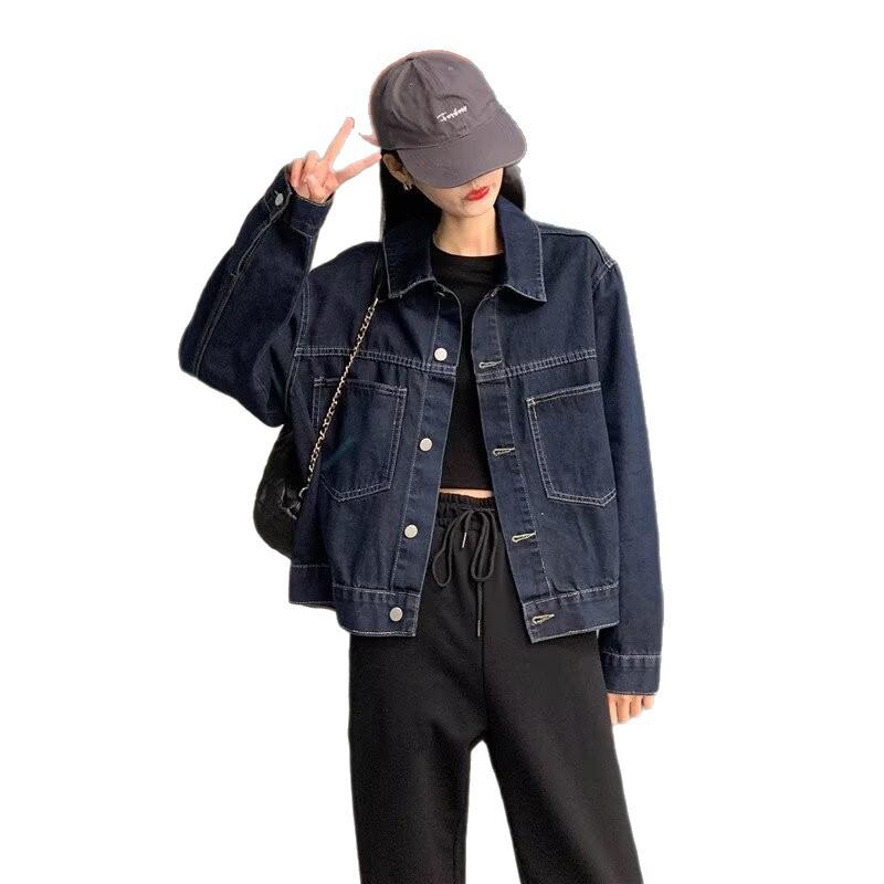 Women's Dark Blue Denim Jacket - Workwear Style, Autumn Korean Fashion, Casual Pocket Design, Slim Fit.