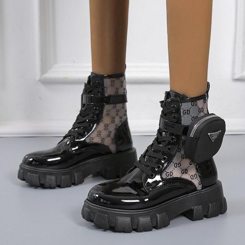 Fall New Plus Size Women's Pocket Biker Boots Women's British Style Platform Lace-up Short Knight Martin Boots