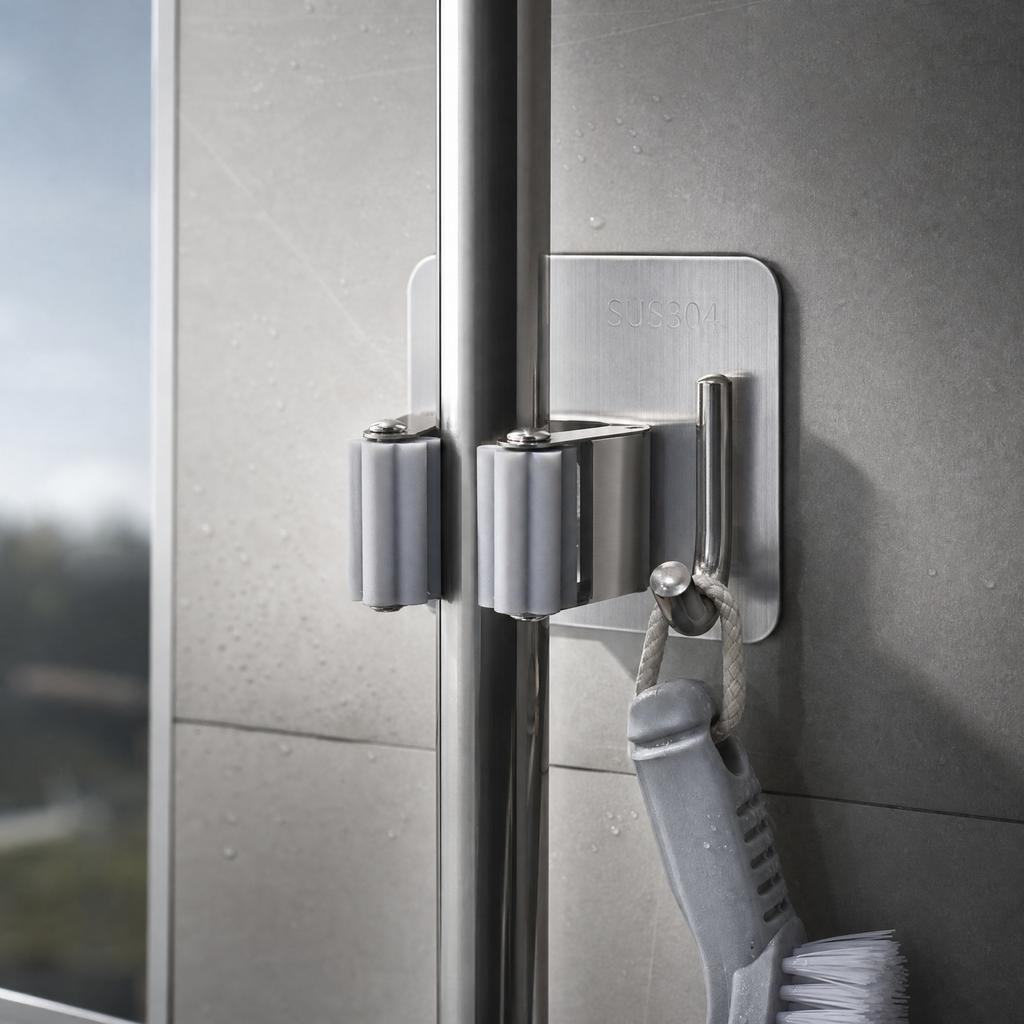 No-Drill Wall-Mounted Mop and Holder with Strong Self-Adhesive Hook for Bathroom Storage
