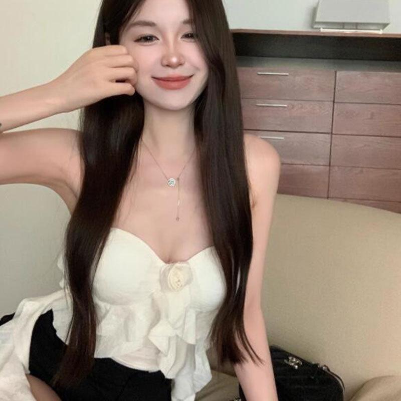 Summer Slim-fit White Flower Lotus Leaf Edge Chest Wrap Pure Desire Short Sleeveless Tube Top Backless Top Women