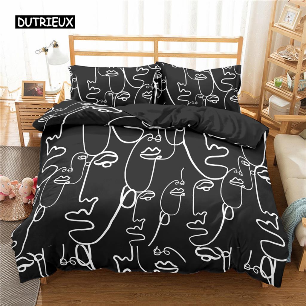 Frau Gesicht Linien Skizze Königin König Bettbezug Weibliches Porträt Rose Bettwäsche Set Einfache Striche Blume Polyester Bettdeckenbezug