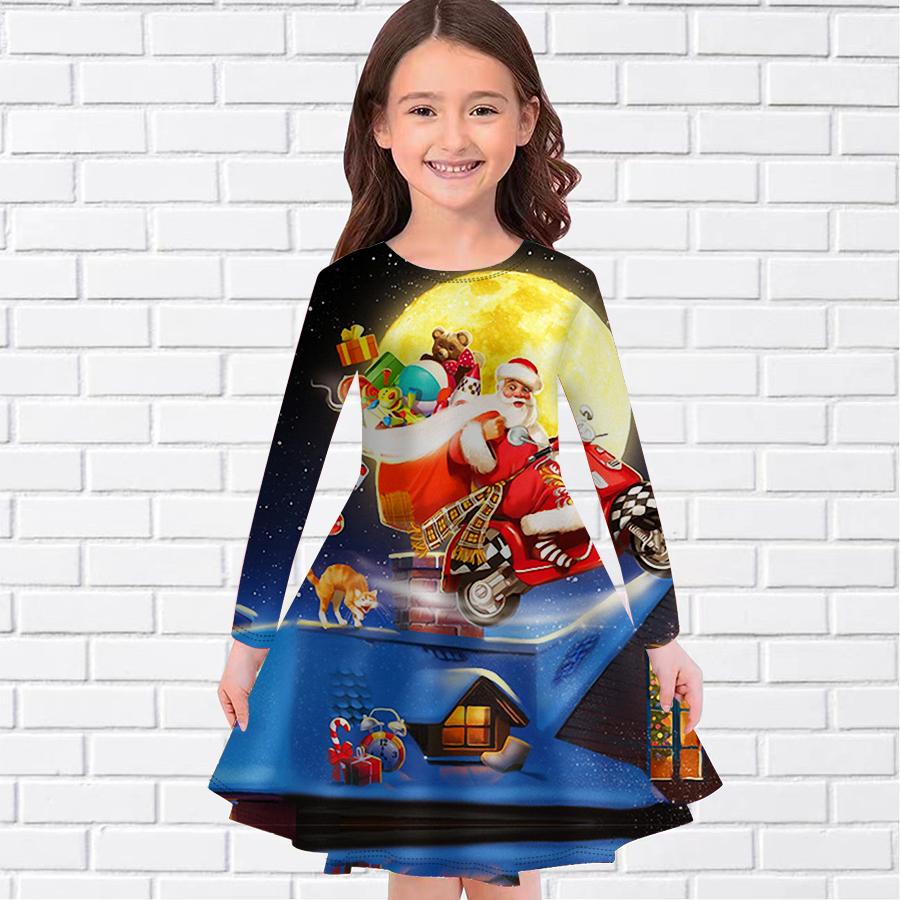 Mädchen Lässig Weihnachten Hauslieferung Print Rundhals Langarm Kleid Kind Prinzessinnenkleid
