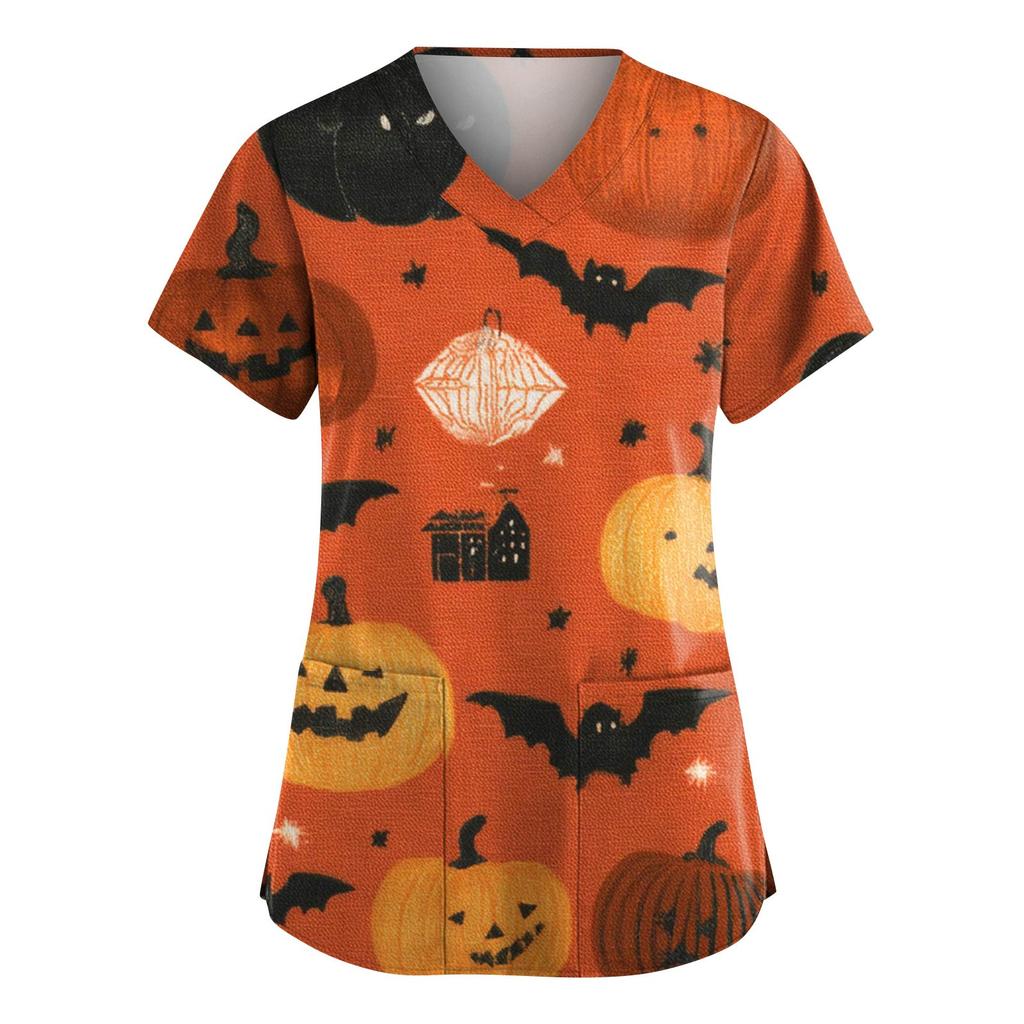 Damenmode V-Ausschnitt Kurzarm Overalls mit Taschen Halloween Bedruckte Oberteile Bekleidung