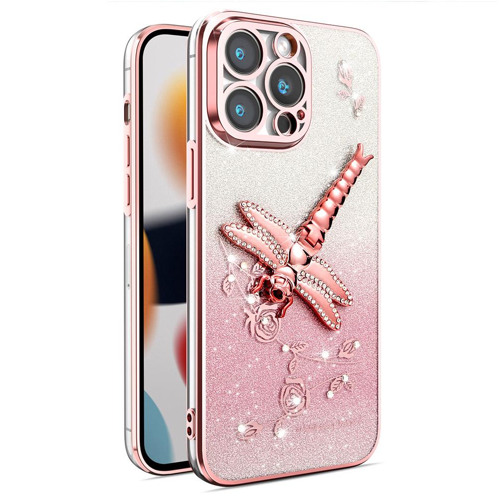 KADEM For iPhone 15 Pro Max Case Dragonfly Kickstand TPU Flowers Glitter Phone Cover A