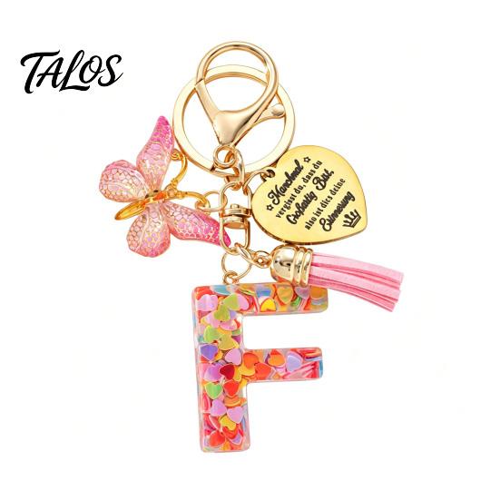 Talos Keychain Pendant, Sequins Initial Letter Charm Key Chain with Butterfly Tassel Stainless Steel Heart Design, A-Z Holder for Bag Purse Backpack