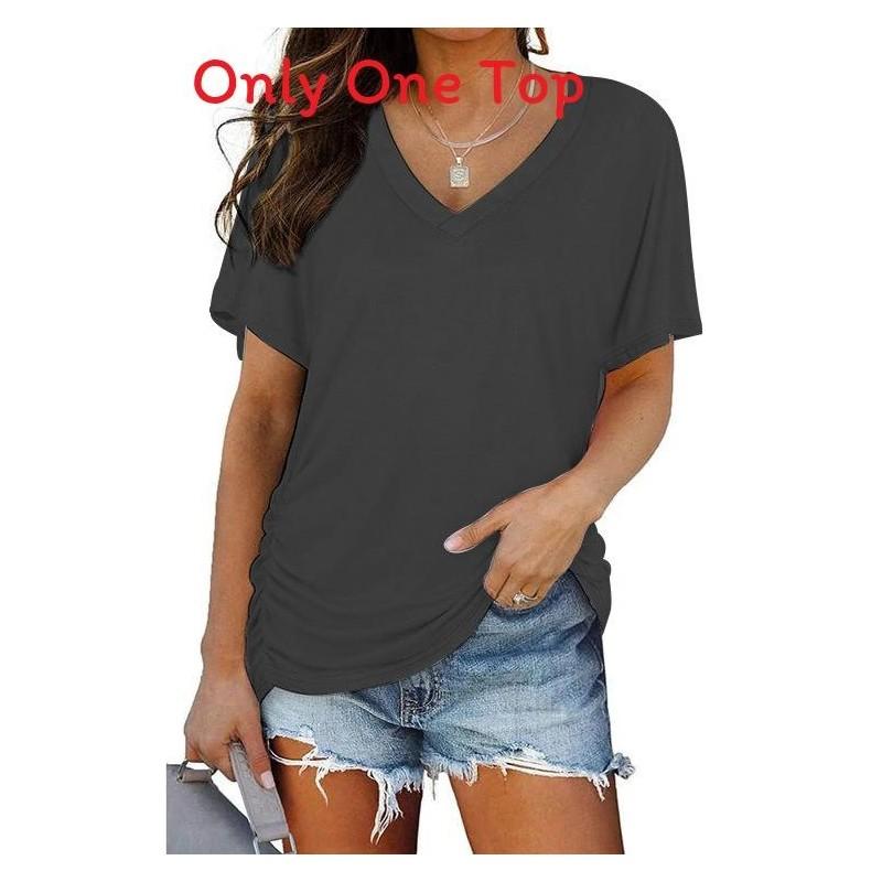 T-shirt da donna a maniche corte con scollo a V e tessuto in poliestere per un look casual estivo