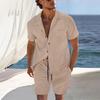 Conjunto de Camisa de Gola Cubana de Manga Curta e Shorts de Verão Masculino, Conjunto Casual Leve de Duas Peças com Caimento Relaxado