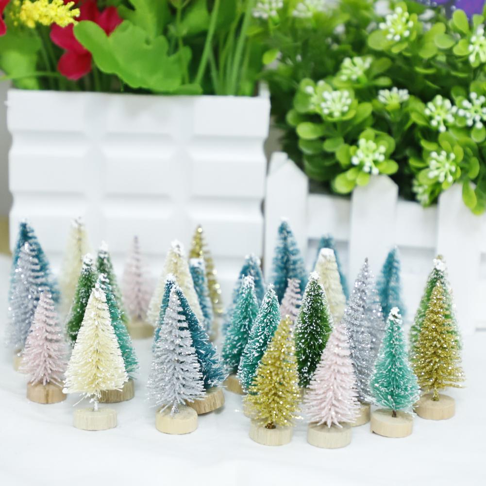 33Pcs Multicolor Mini Pine Christmas Trees Frosted Sisal Trees With Wood Base Plastic Winter Snow Ornaments Tabletop Trees Decor