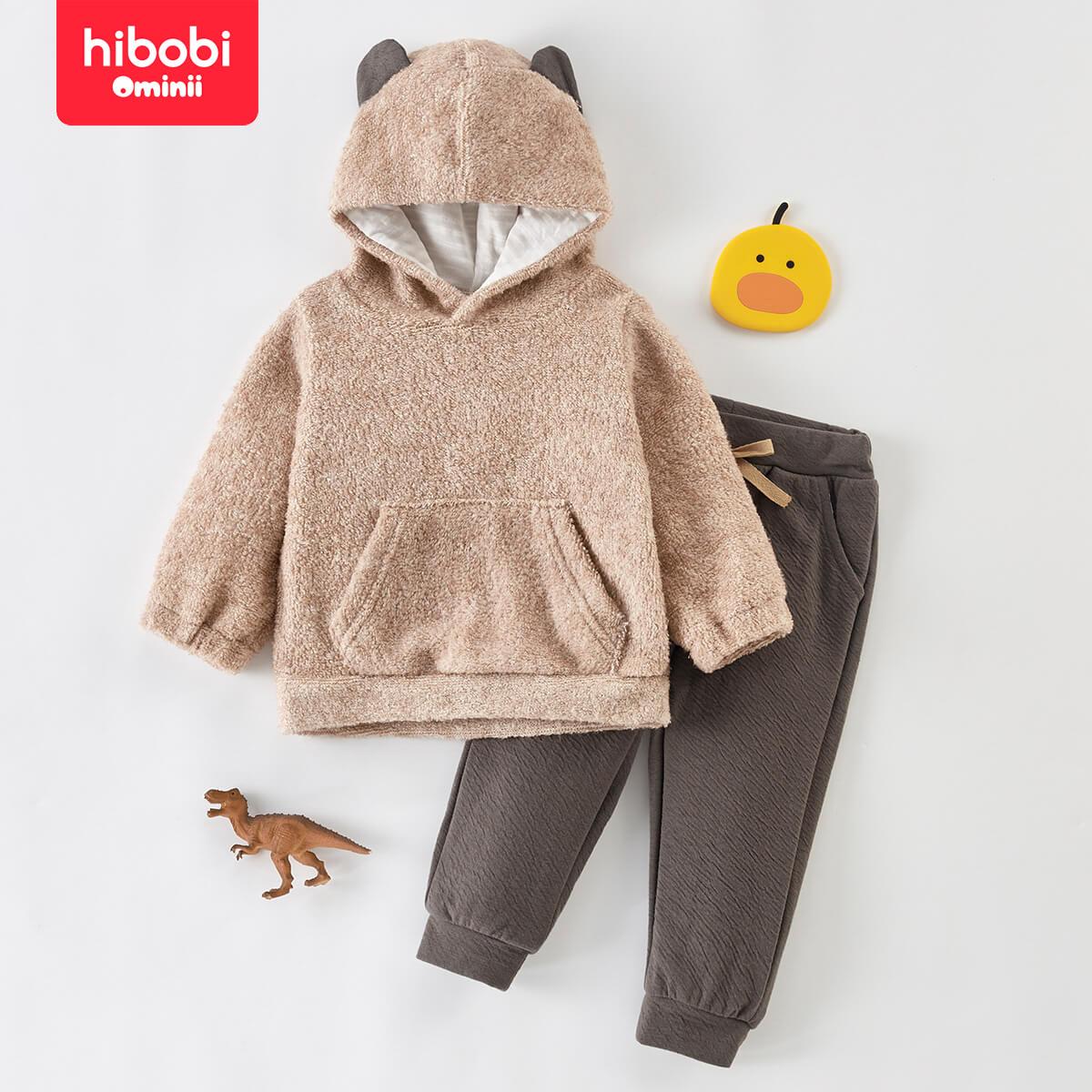 

Hibobi, комплект из 2 предметов, однотонный свитер с капюшоном и брюки с декором медведя для маленьких мальчиков 9-12 Months коричневый