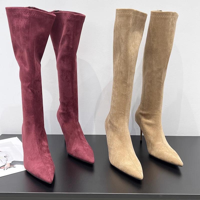Pointed Maillard Thin Heel High Boots Women's 2025 Autumn and Winter New Zipper Boots Versatile Suede High Heel Boots