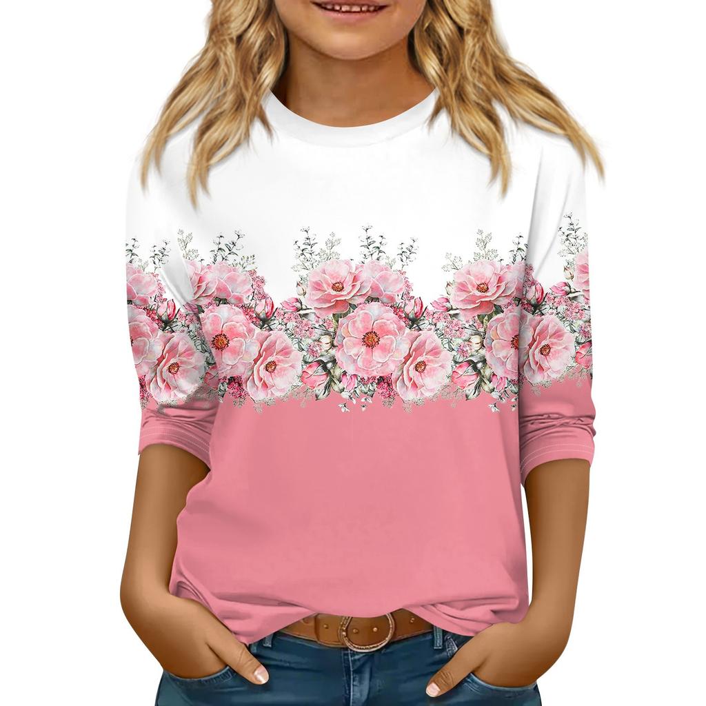 Children's 3/4 Sleeve Tops Casual  Print T Shirt Round Neck Pullover Blouse