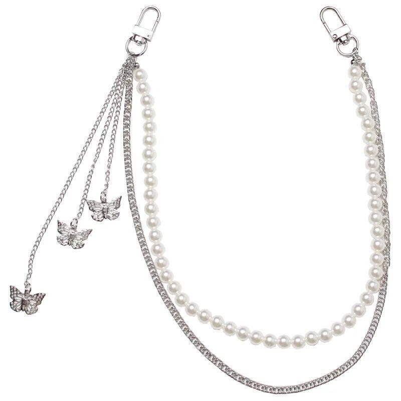 Double Layer Butterfly Pendant Pearl Alloy Pants Chain for Hip Hop Dancers Punk Girl Boy Harajuku Jeans Side Chain Bags Chain