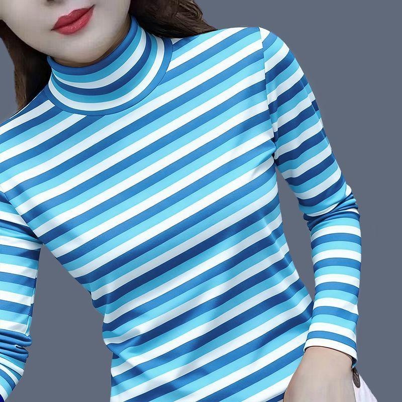 Großgröße Gestreifter Rollkragenpullover Dünnes Oberteil in Großgröße Langärmeliges Oberteil für Damen Mutter Sommer Locker und Vielseitig Unterziehshirt