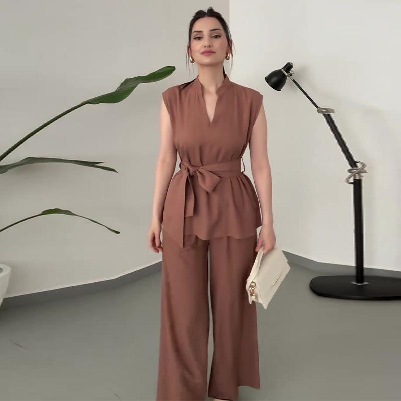 2024 Sommer Damen Einfarbig Ärmellose Weste & Weitbeinige Hose Set