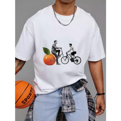Crewneck T Shirt White Orange Bicycle Men Cycling Graphic Print Casual Wear Streetwear Fashion Top for Everyday Use and Outdoor Activities