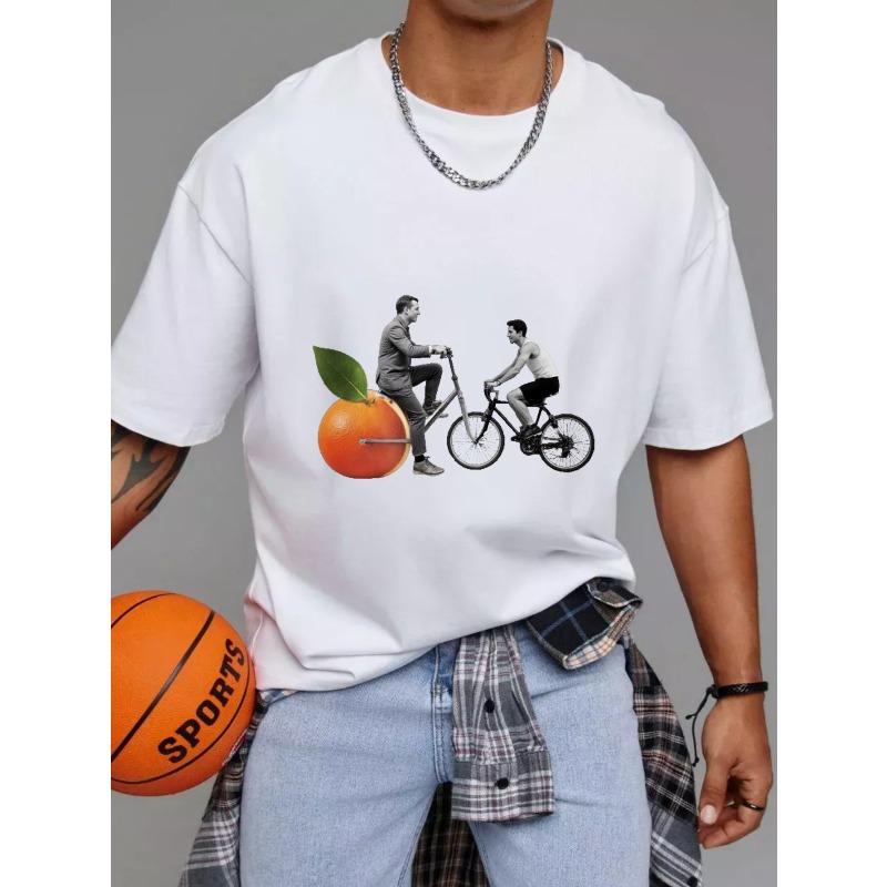 

Crewneck T Shirt White Orange Bicycle Men Cycling Graphic Print Casual Wear Streetwear Fashion Top for Everyday Use and Outdoor Activities S