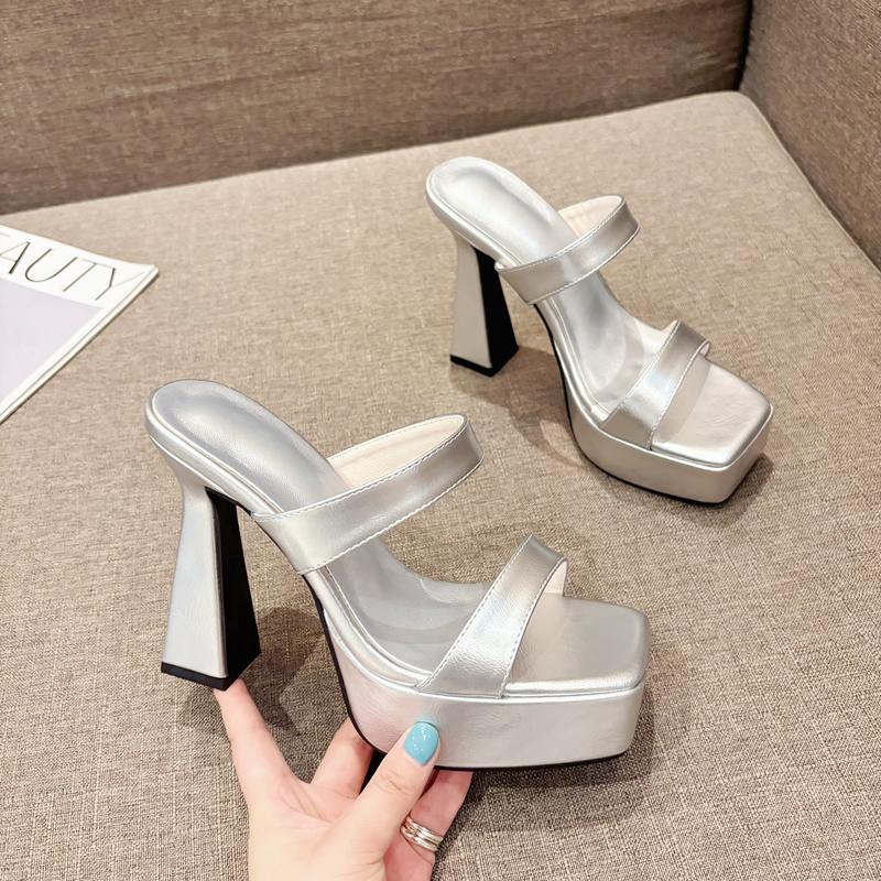 11CM Stříbrné Pantofle na Vysokém Podpatku Bílé Sandály na Platformě se Čtvercovou Špičkou Pro Ženy Letní Dámské Boty na Podpatku Černé Sandalias Mujer