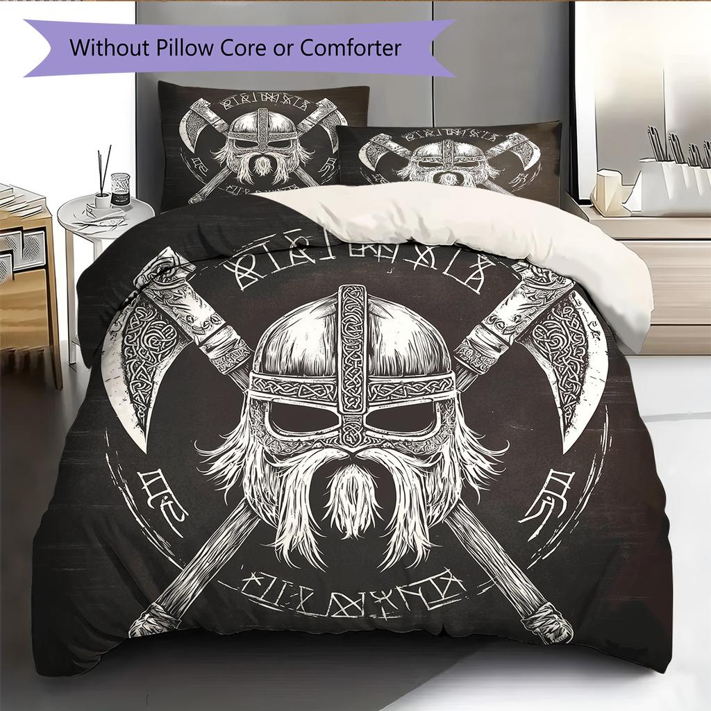 Wikinger-Krieger Muster Bettwäsche Steppdecke Set Bettbezug Kissenbezug Heimdekoration Geschenk (1 Bettbezug + 2 Kissenbezüge, ohne Füllung)