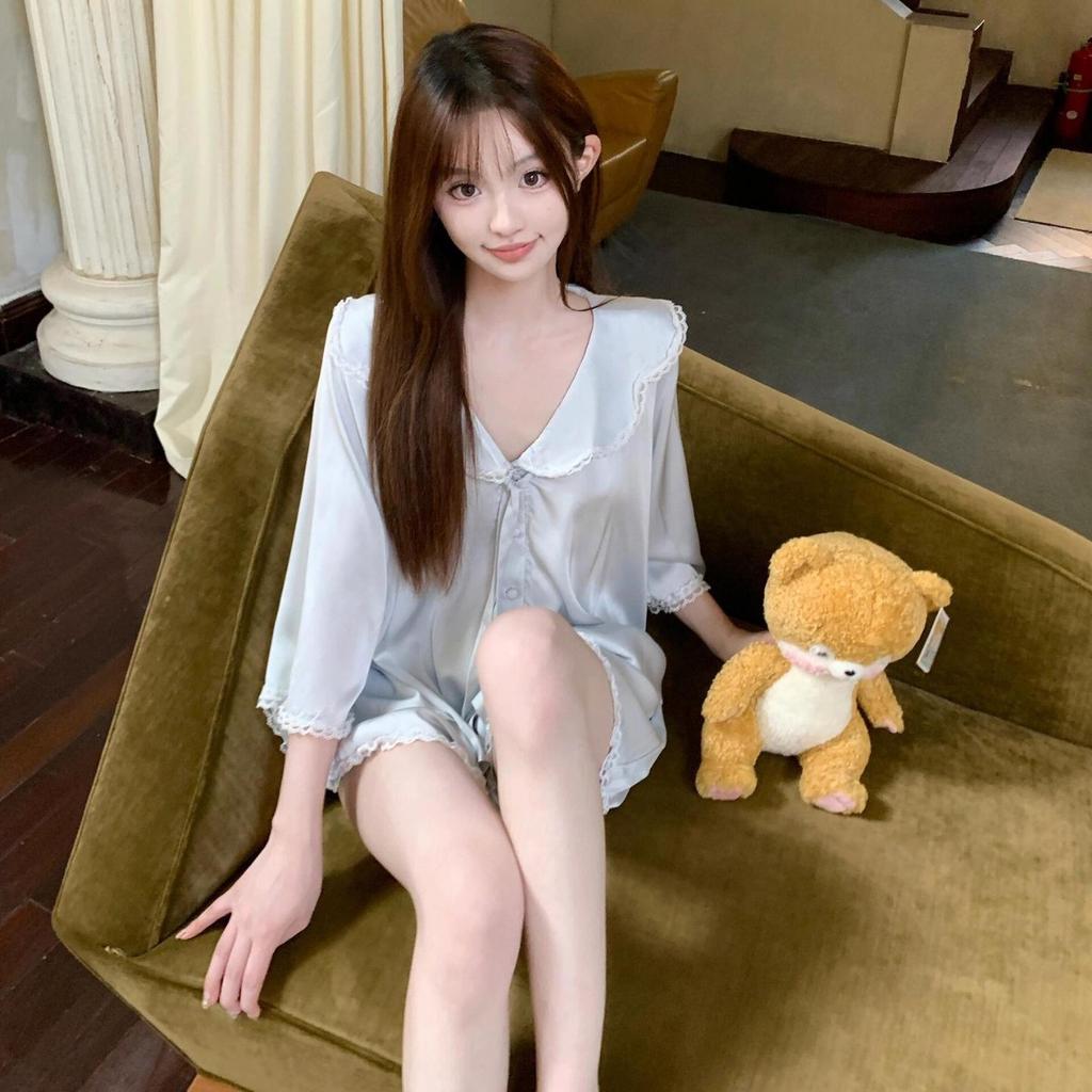 French Premium Long-sleeved Ice Silk Pajamas Women's Summer New Lace Loungewear Cardigan Shorts Set