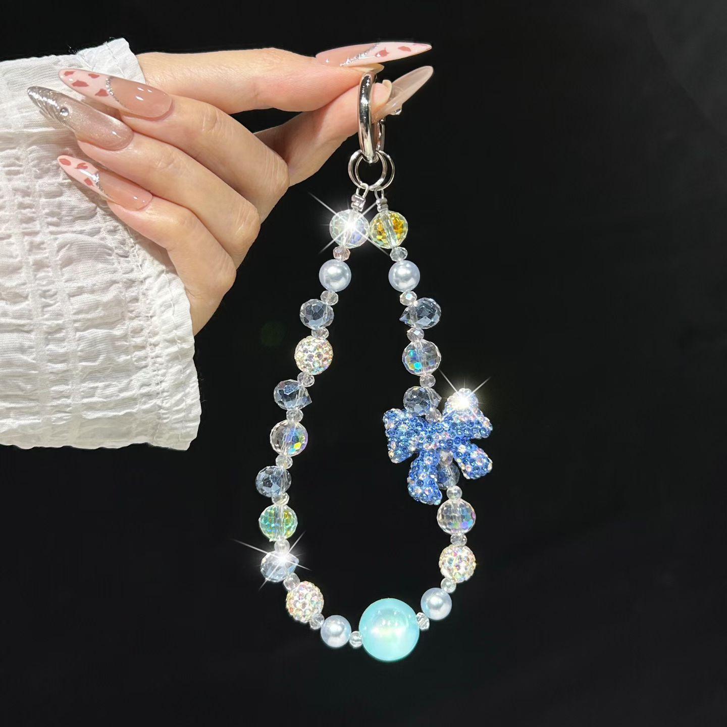 Elegant Diamond-embellished Bow Bead Phone Chain Phone case Bag Pendant Crystal Bead Bow Glitter Bracelet Accessories for Women Composite синий