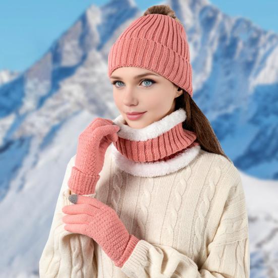 3Pcs/Set Winter Knitted Scarf Gloves Set Pom Pom Ball Fleece Lining Brimless Hat Touchscreen Gloves Neck Warmer Set