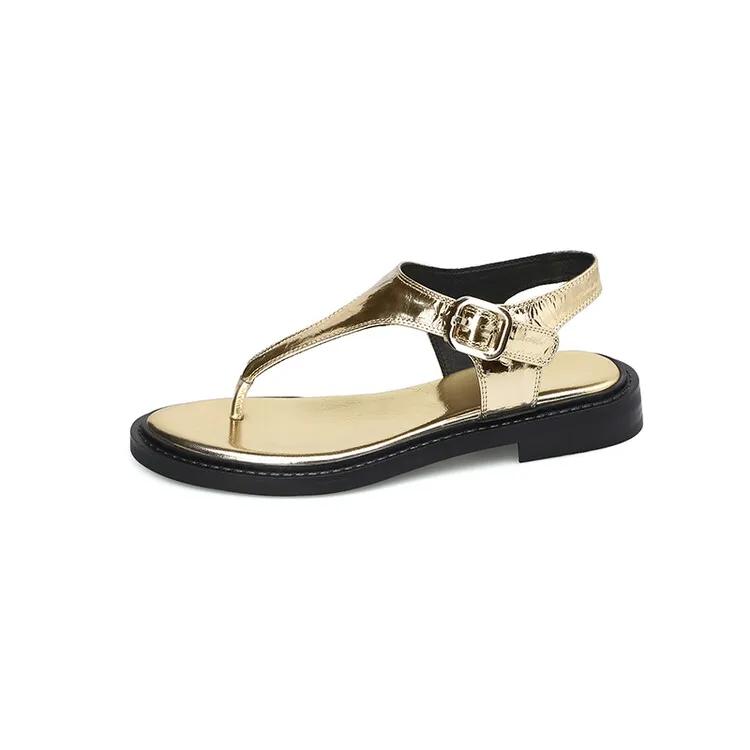 

Fashion Summer Sandals Leather Women Shoes Round Toe Low Heel Sandals for Women Handmade Clip Toe Fashion Sandals and Slippers 40 золотой