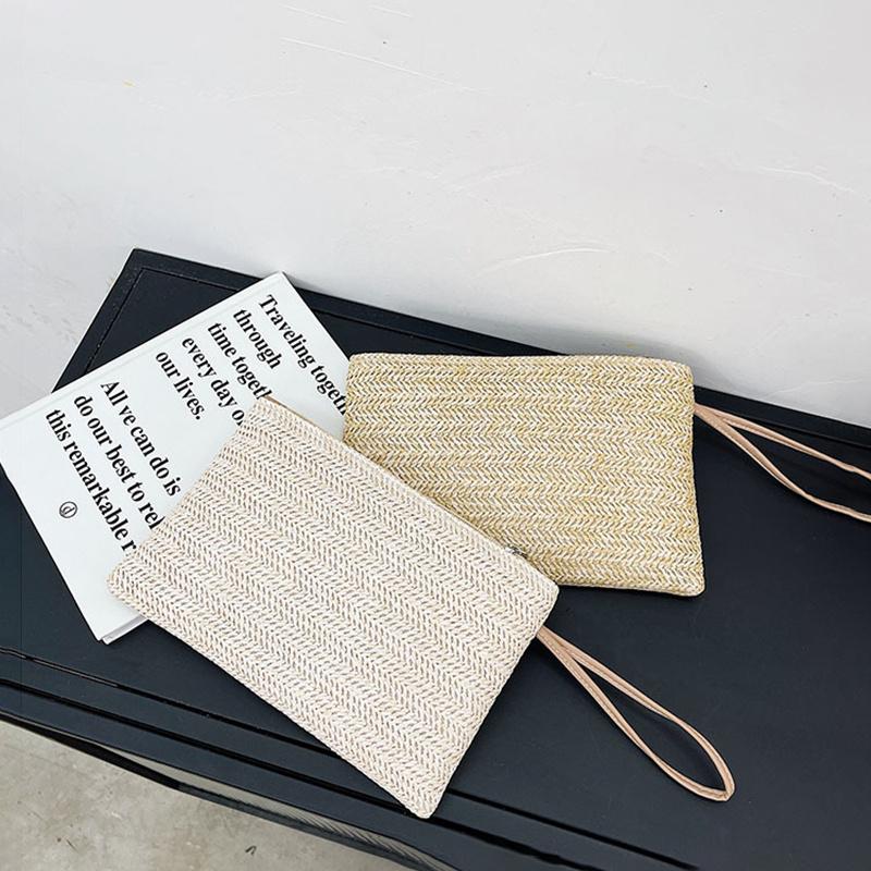 Weaving Bag Fashion Ladies Wristlet Clutch Women Daily Money Phone Clutch Solid Straw Woven Coin Purse Beach Wallet Card Holder