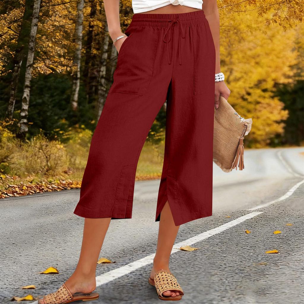 Women’s Wide Leg Cropped Pants with Drawstring Waist Relaxed Fit Lightweight Soft Fabric Casual Style
