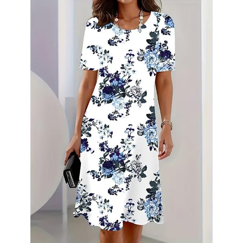 Summer Women Dress Casual Loose Short Sleeve O-Neck Print Mini Dress