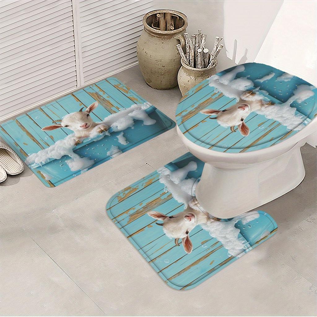 4Pcs Warm Blue Wooden Board Pattern Bubble Bath Sheep Pattern Shower Curtain Set Bathroom Curtain, Bathroom Decor Floor Mat