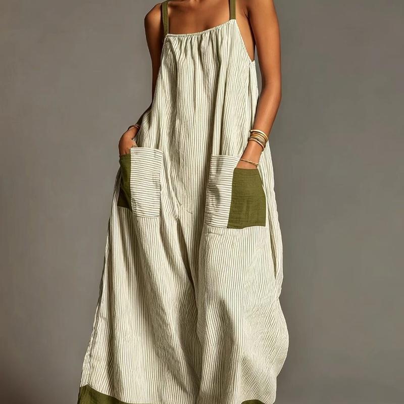 Europäischer Stil Gestreiftes High-End Spaghettiträger Maxikleid Sommer Elegant Urlaub Damenbekleidung